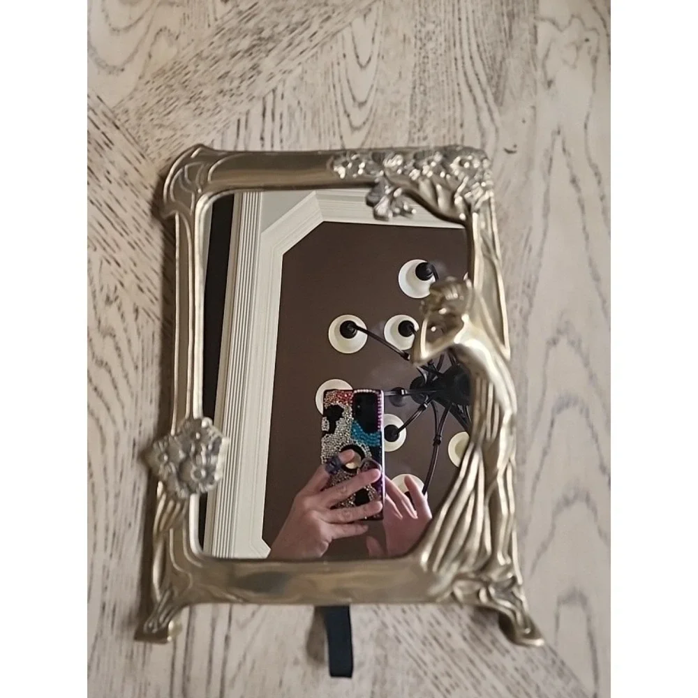 Vintage Lady Mirror Art Deco Nouveau Brass Vanity Table Top Mirror 9.5X12 Flower